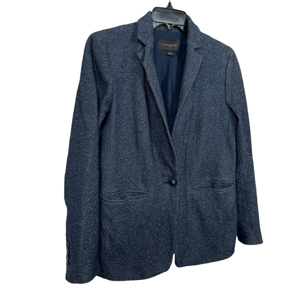 Ann Taylor Factory Tweed Blazer Size 6 Navy Blue One Button Career Workwear - Picture 4 of 12